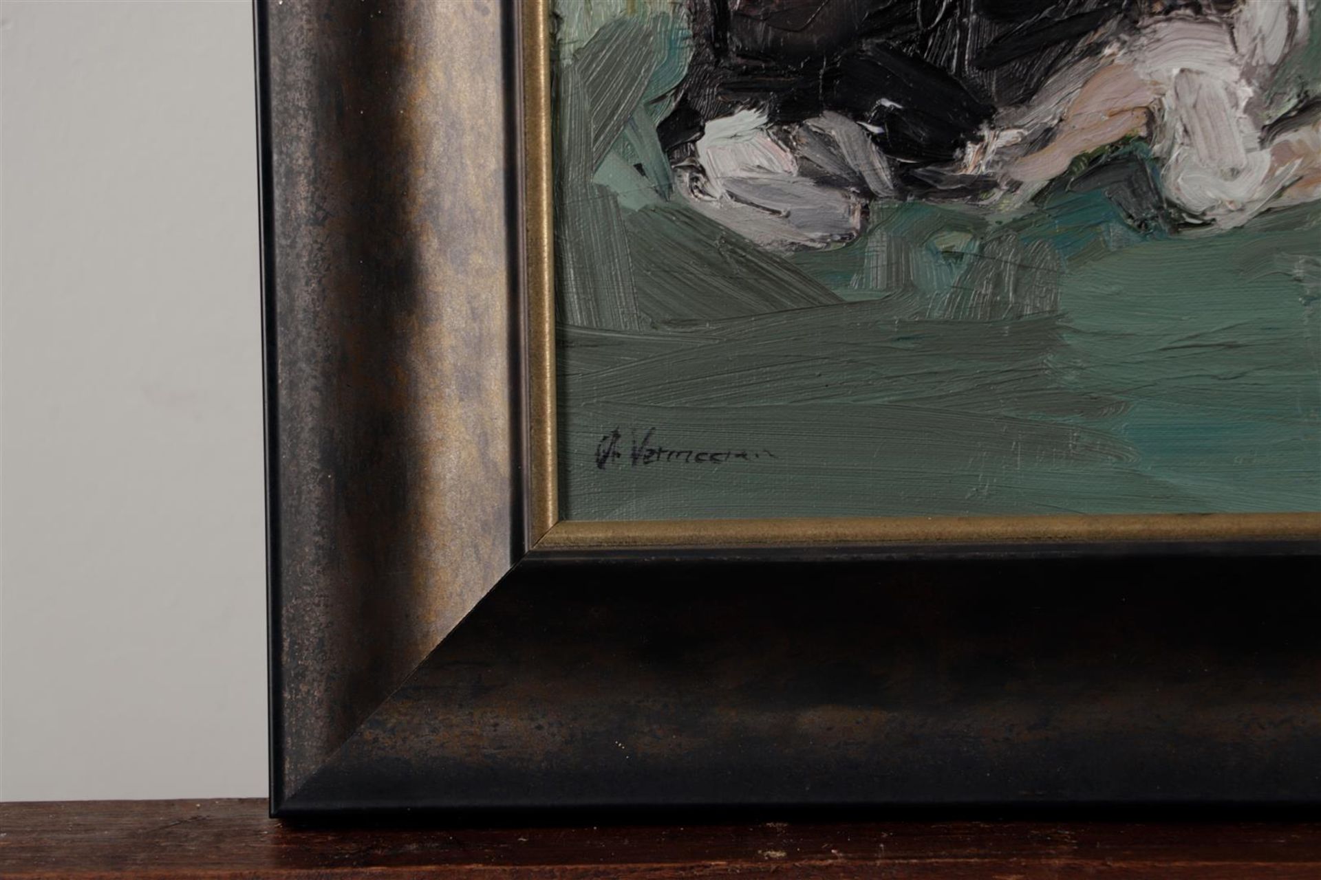 Anita Vermeeren (b.: 1967),Cow chewing the cud, oil on painter's board
30 x 30 cm. - Image 3 of 3