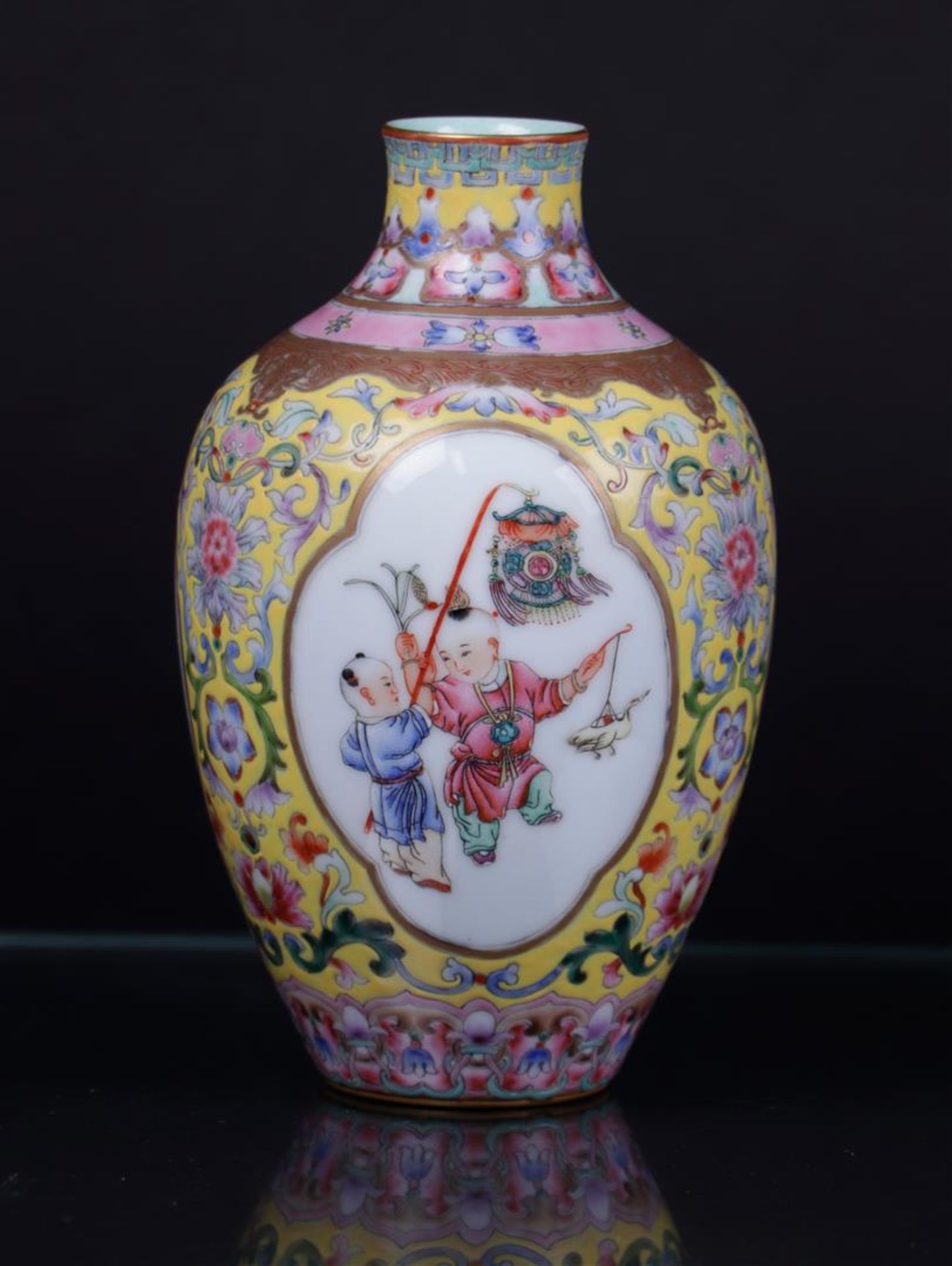 A porcelain famile rose vase decorated with figures in borders, marked Qianglong. China, republic.
H - Image 3 of 4