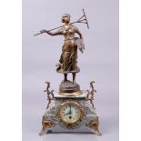 A mantel clock with clock statue after Rousseau depicting 'Retour des Foins' on marble base. France,