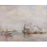 Jan Schaeffer (Rotterdam 1923 - 2018), Harbor view with ships. Watercolor and gouache on paper, sign