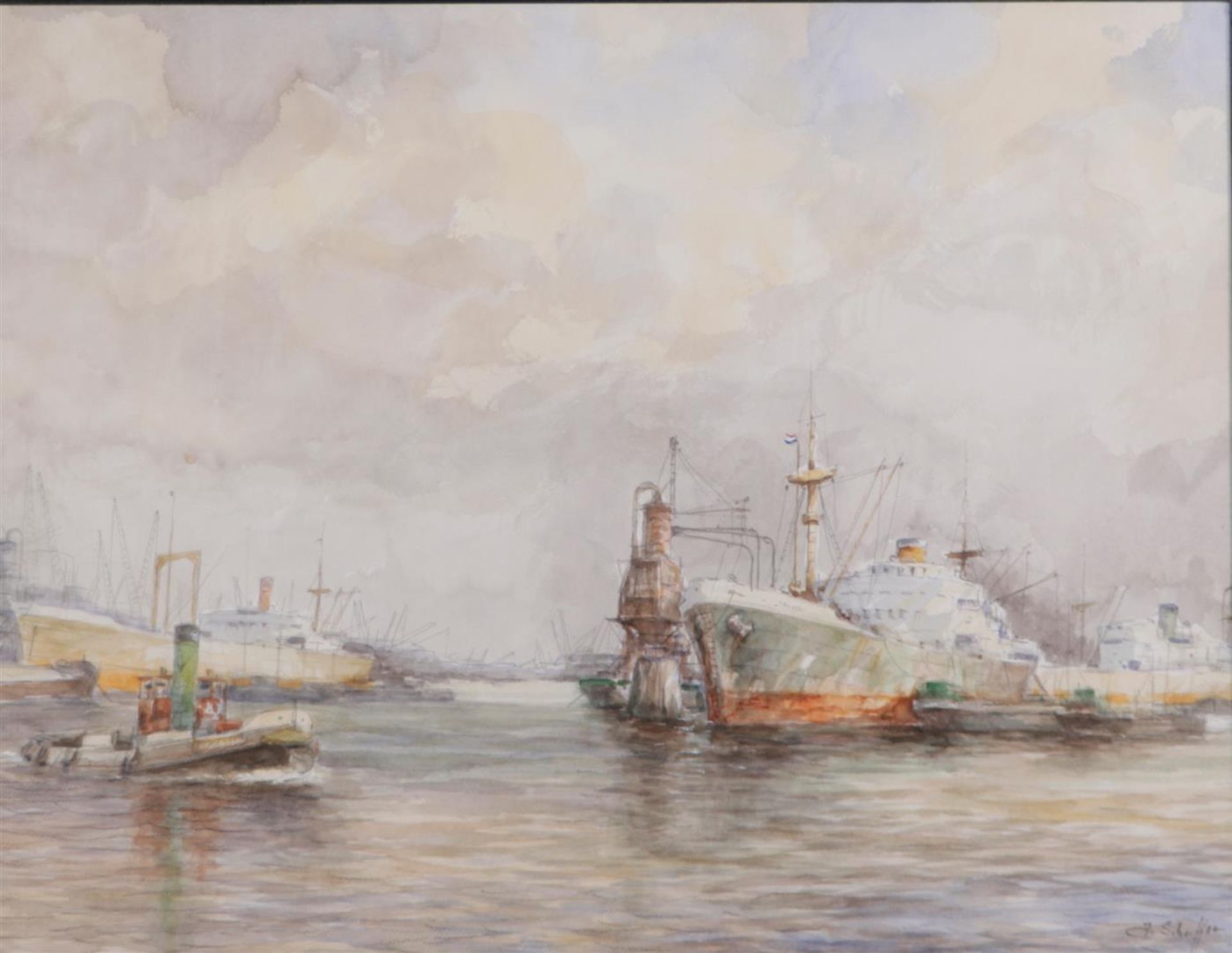 Jan Schaeffer (Rotterdam 1923 - 2018), Harbor view with ships. Watercolor and gouache on paper, sign