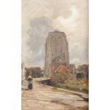 Hendrik Willebrord Jansen (Zeist 1855 - 1911), Cityscape in Holland with a stubby tower. Signed (bot
