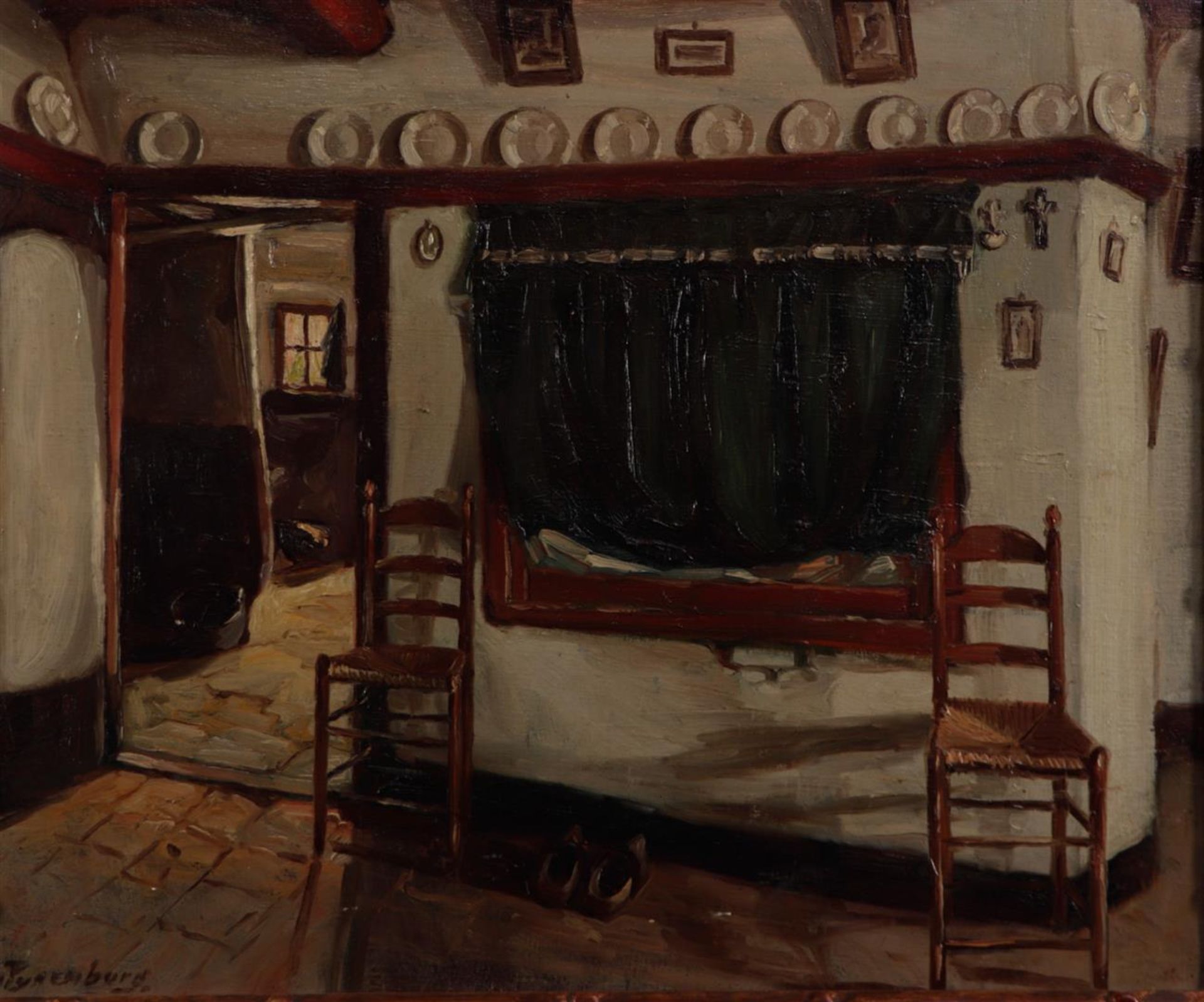 Reinier Peynenburg (1884 - 1968), View into a farmhouse with box bed, signed (bottom left), oil on c