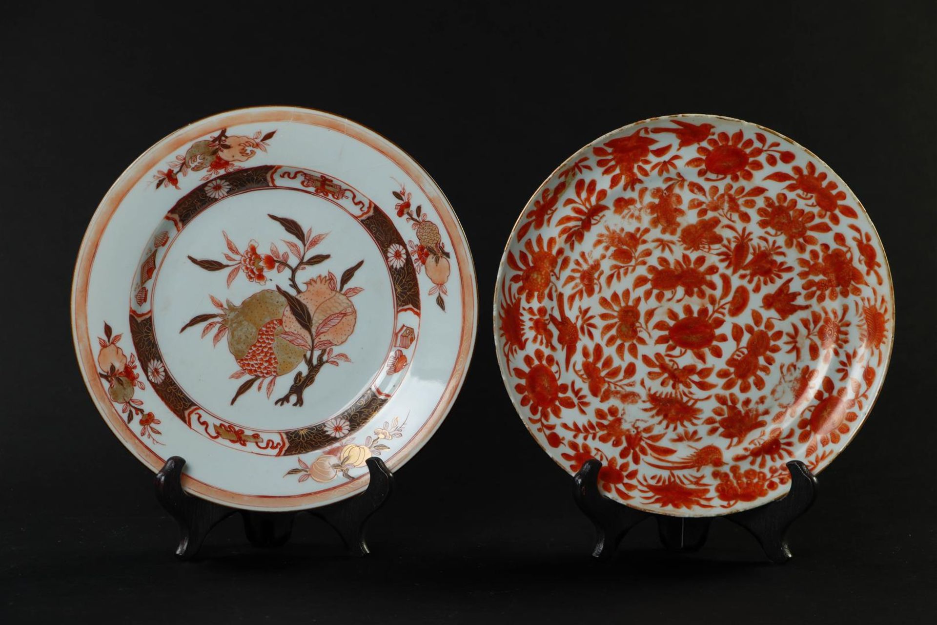 Two porcelain plates of milk & Blood, pomegranate, valuables, second scatter flowers, birds, peach. 