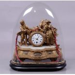 A 19th century mantel clock with a loving couple on a marble base. The whole under a glass bell jar.