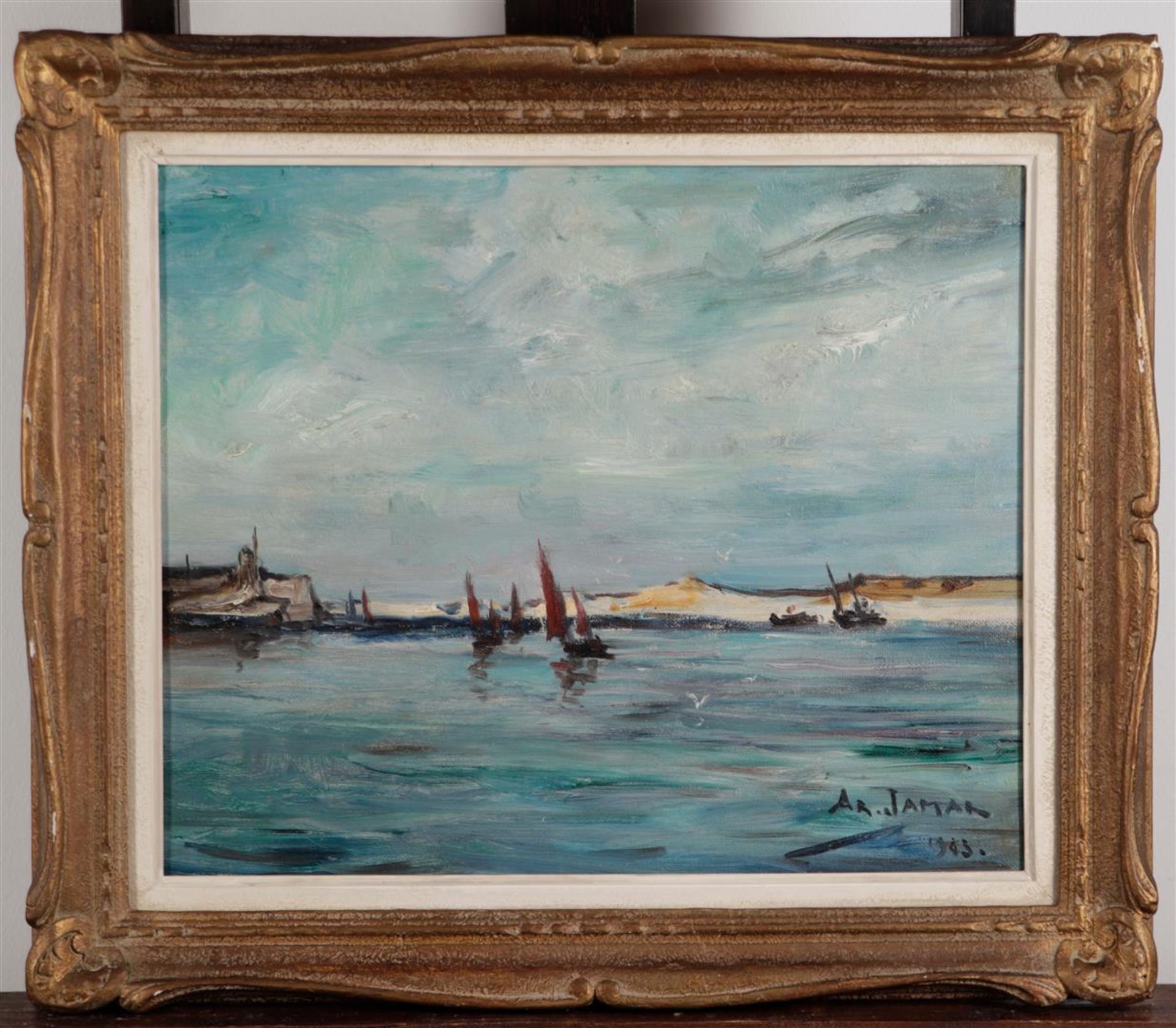 ArmandG. Jamar(1870-1946), Fishing ships off the coast, signed and dated '43' (bottom right), oil on - Image 2 of 4