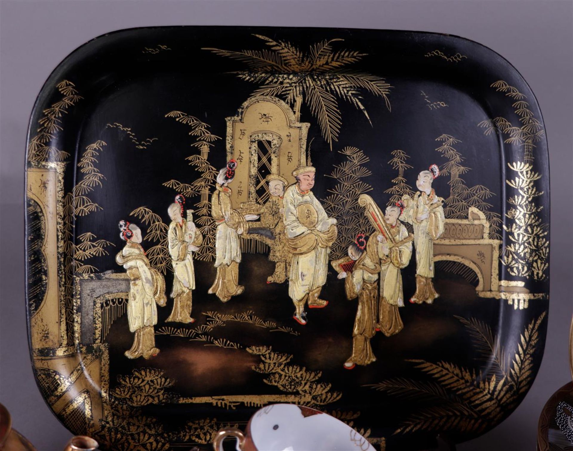 A Satsuma tea set with breakfast plates, plus a tray decorated with various figures. Japan, 19th cen - Image 5 of 5
