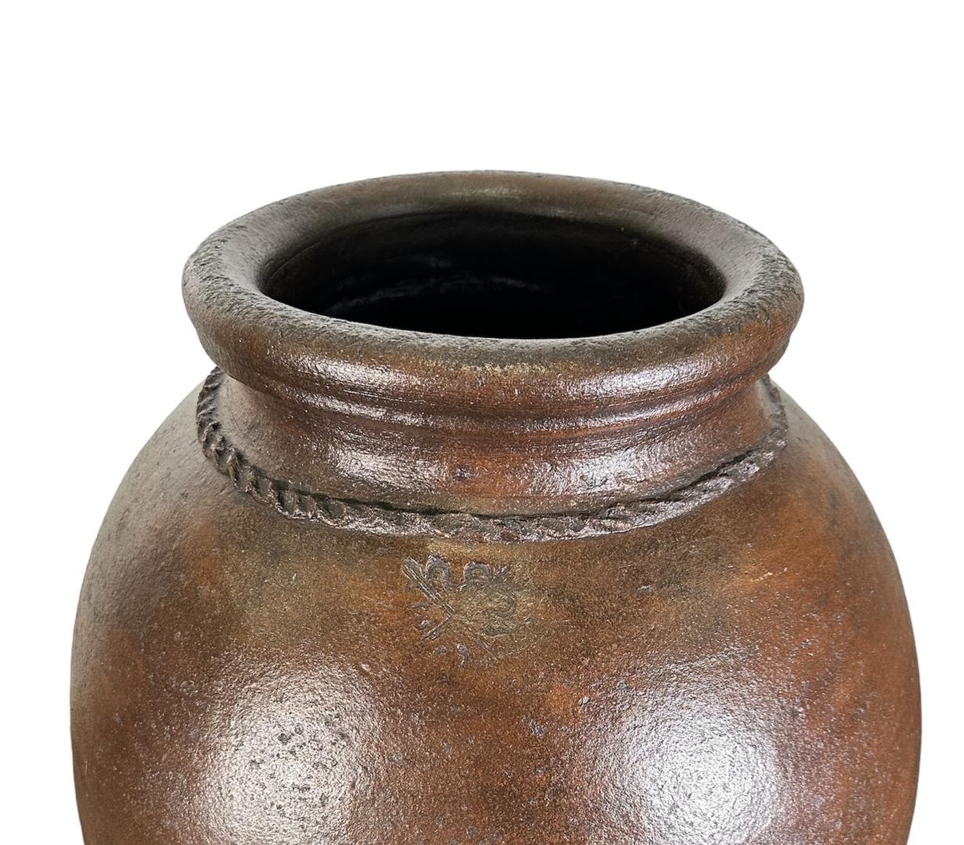 A large Mediterranean antique, earthenware/terra cotta cistern for wine or oil. With unclear mark on - Image 2 of 2