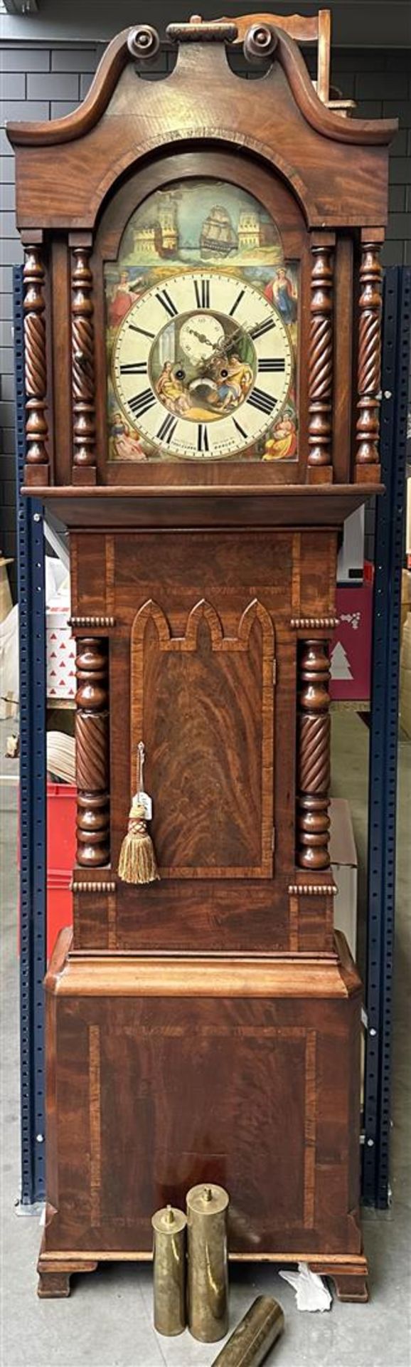 An English so-called grandfather clock with ship mechanism, the dial painted with four seasons and D
