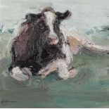 Anita Vermeeren (b.: 1967),Cow chewing the cud, oil on painter's board
30 x 30 cm.