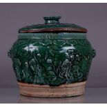 A green glazed lidded container. China, Ming?
Diam. 24 cm.