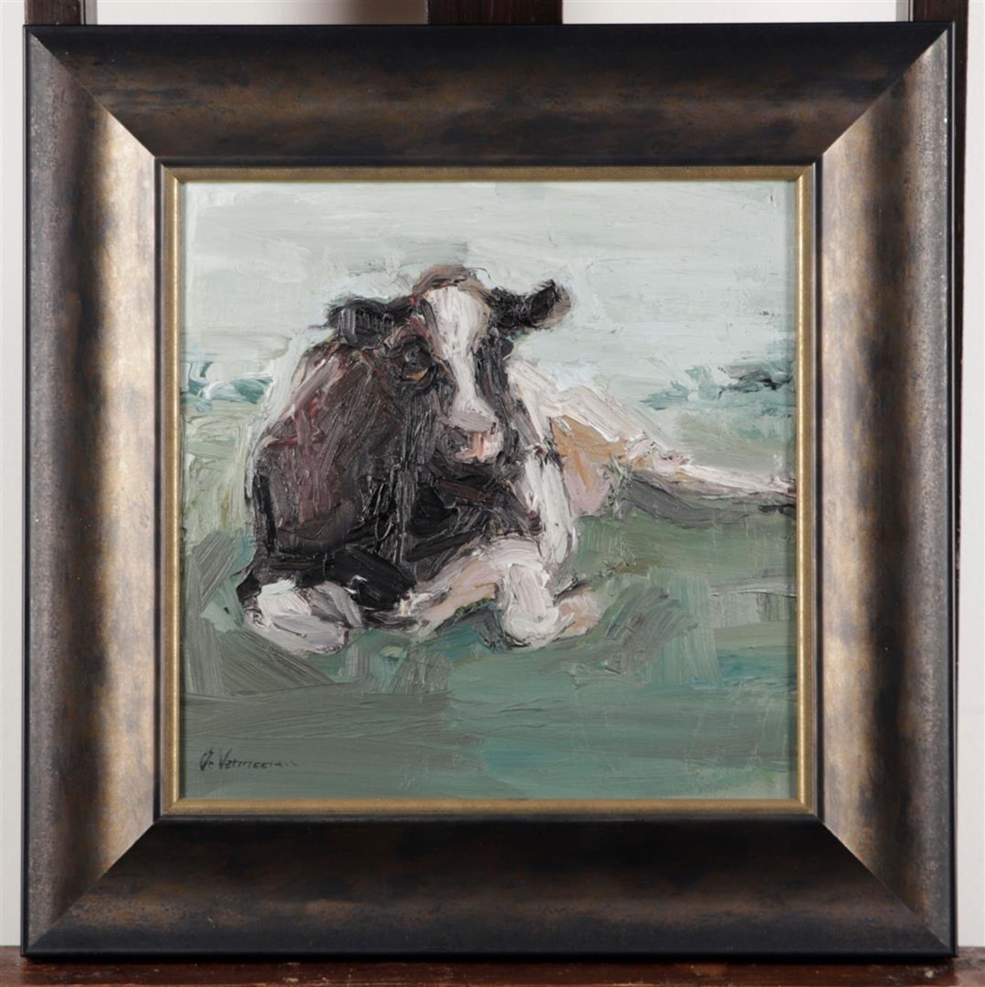 Anita Vermeeren (b.: 1967),Cow chewing the cud, oil on painter's board
30 x 30 cm. - Image 2 of 3