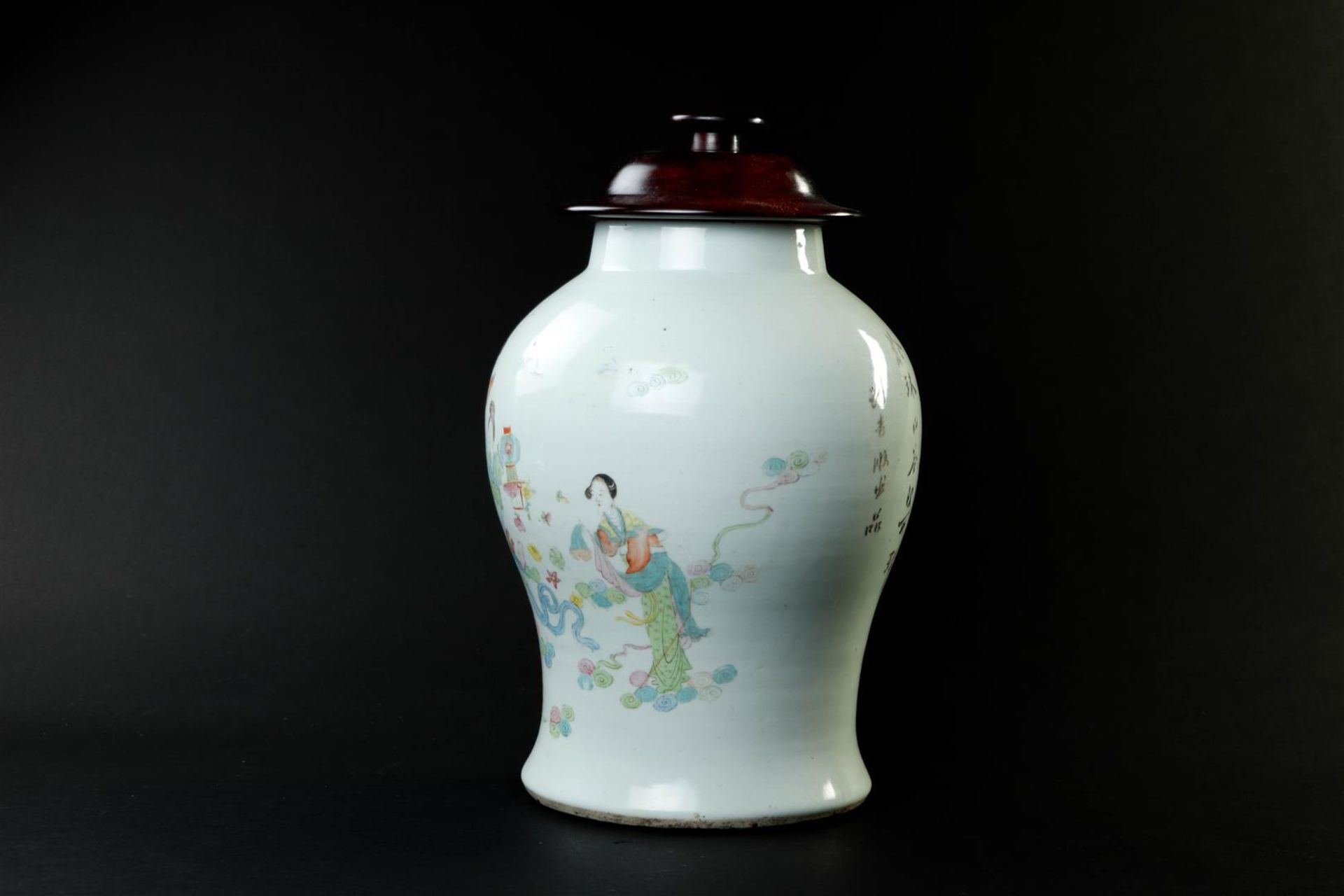 A porcelain baluster vase with hardwood lid, figural frames, poem on the back. China, Tongzhi.
H. 40 - Image 2 of 5