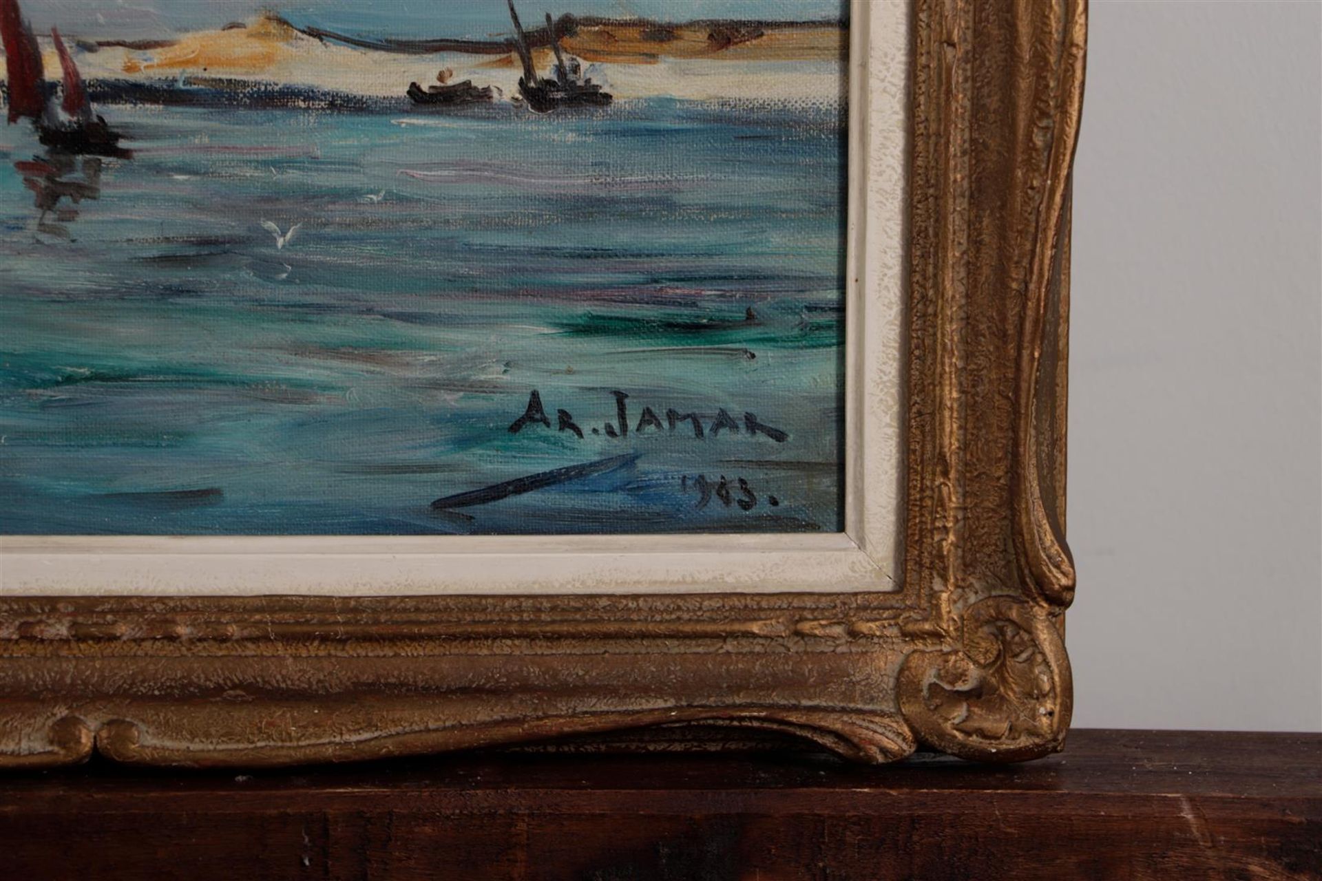 ArmandG. Jamar(1870-1946), Fishing ships off the coast, signed and dated '43' (bottom right), oil on - Image 3 of 4