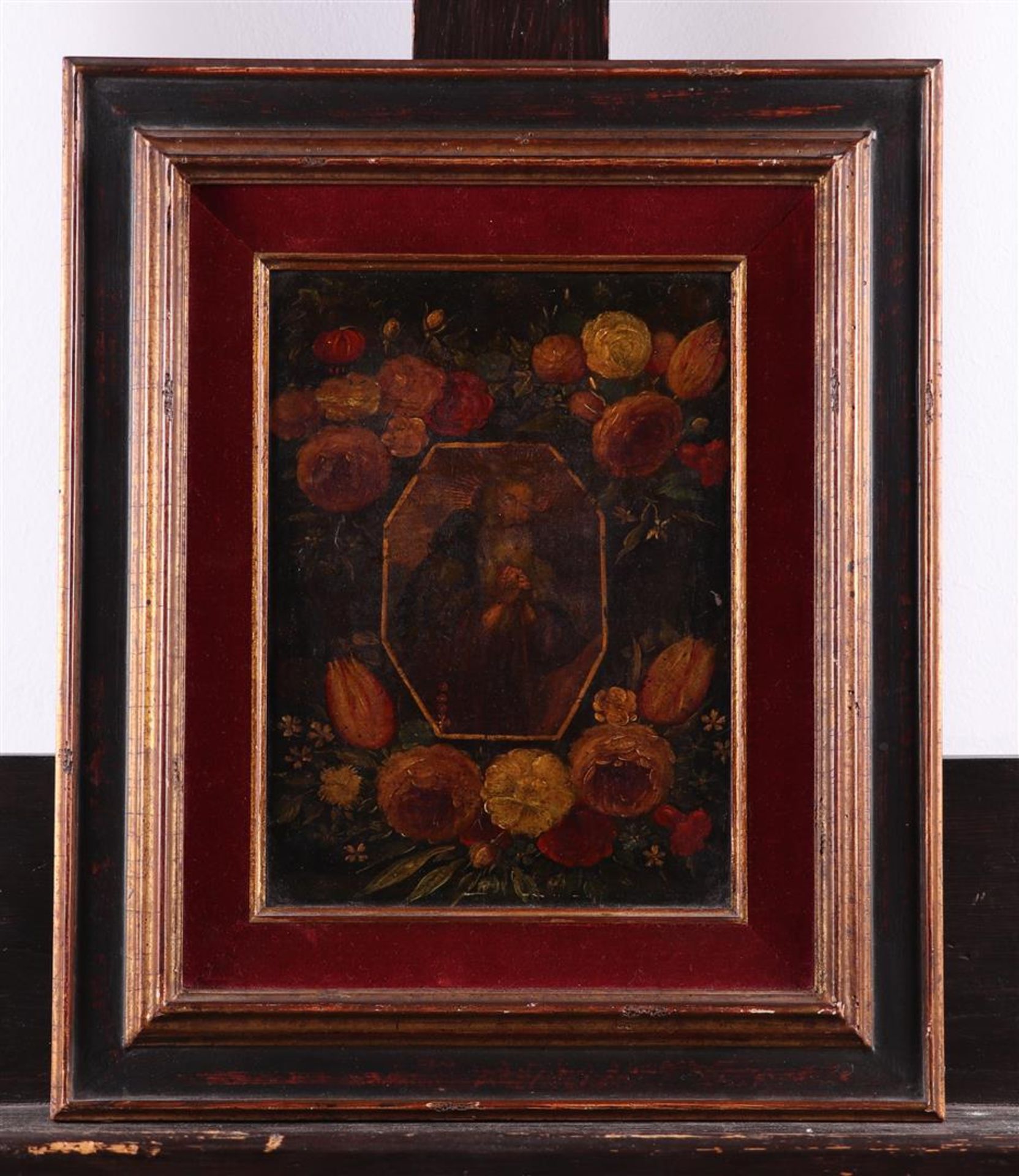 Flemish School, ca. 1800, The apostle Jacobus Maior (?)surrounded by a garland of flowers, oil on co - Image 2 of 3