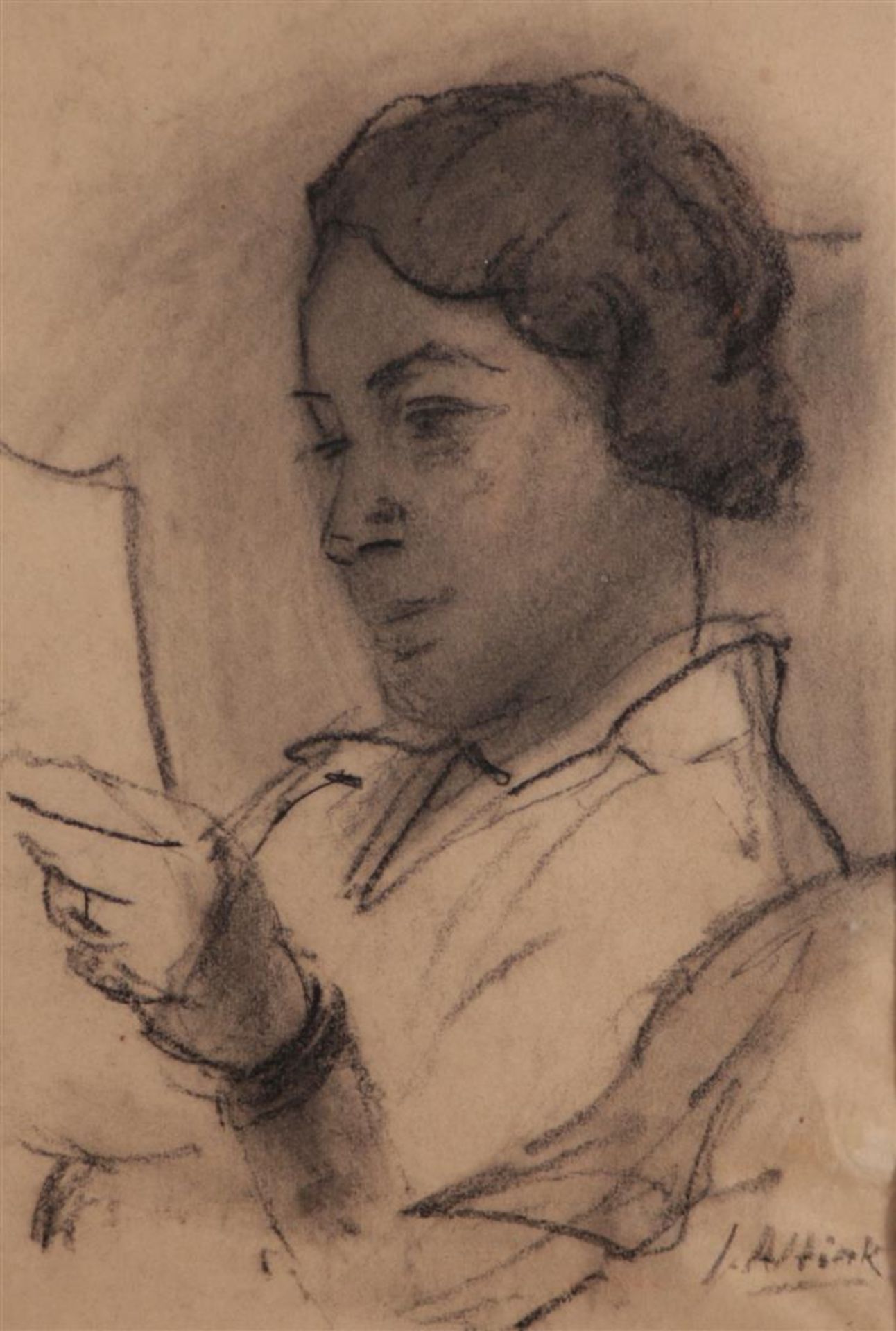 Jan Altink (Groningen 1885 - 1971) Reading woman, signed (bottom right), charcoal on paper.
47,5 x 3