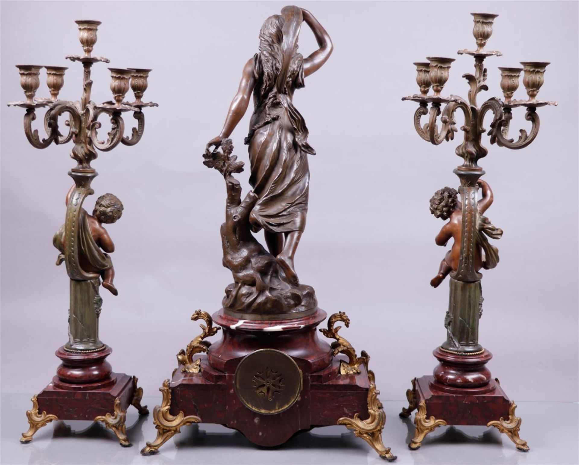 A capital garniture de chŽminŽe consisting of a mantel clock with a clock statue after Bruchon 'Temp - Image 3 of 3