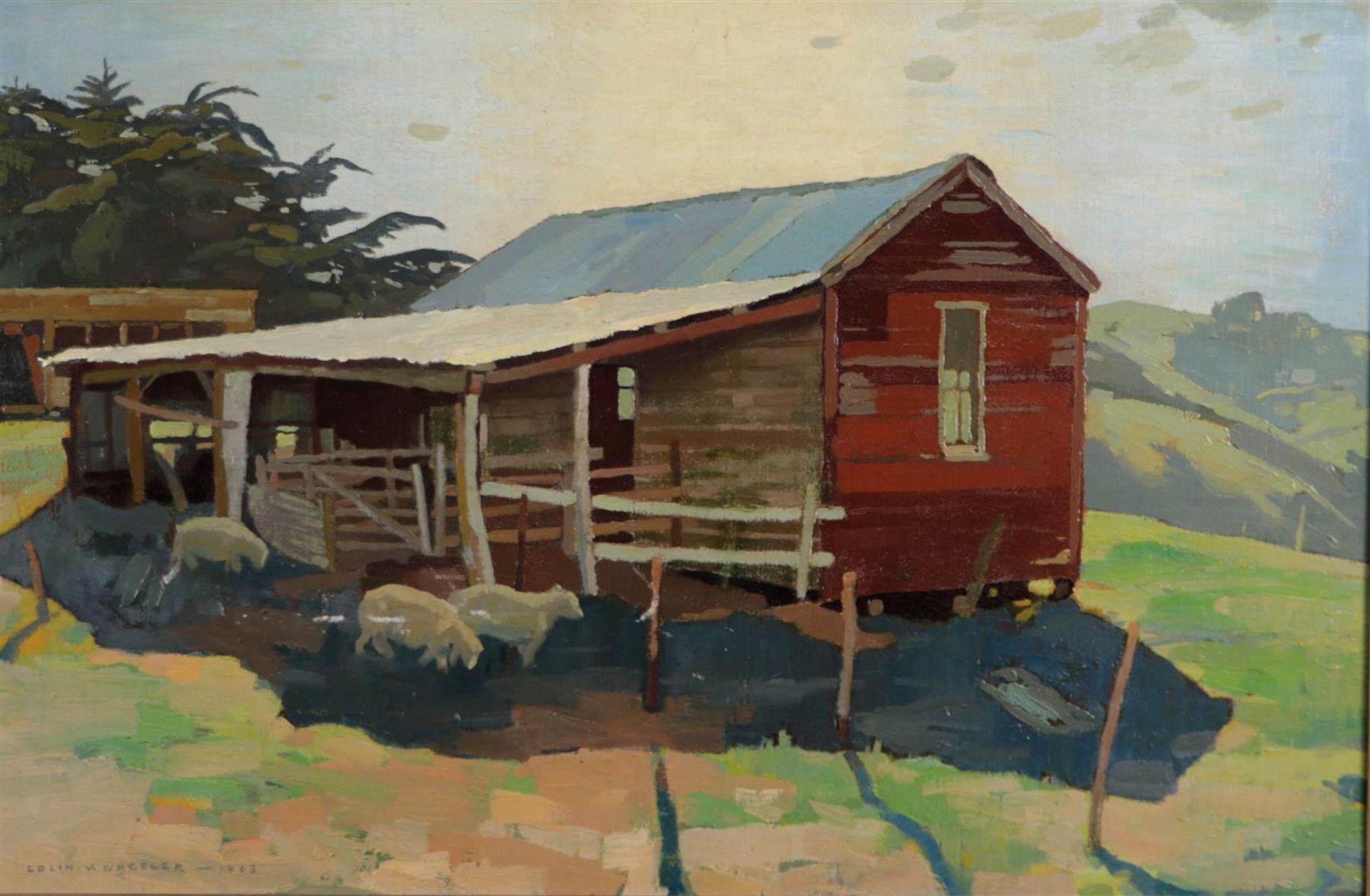 Colin Wheeler (New Zealand 1919 - 2012), Barn in North Ortego NZ, Sheep at a small farm in a landsca