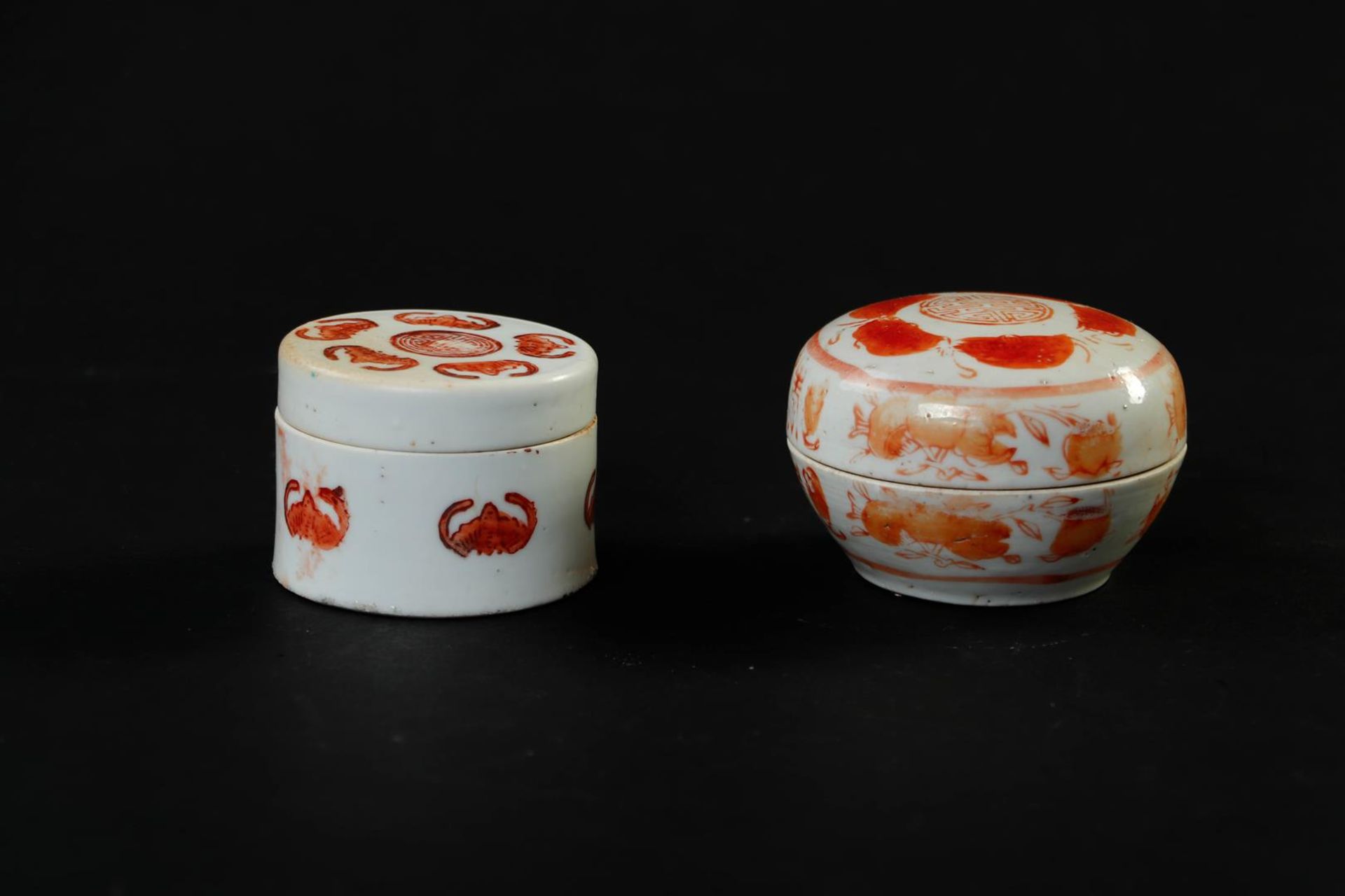 Two milk and blood ointment jars with lids, bats and luck symbol. China, 19th century.
Diam. 6 & 8 c - Image 2 of 4