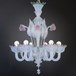 A Murano Venetian chandelier made of pink and light blue glass. First half 20th century.