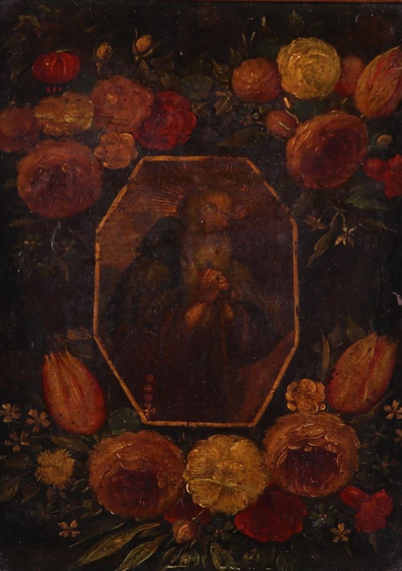 Flemish School, ca. 1800, The apostle Jacobus Maior (?)surrounded by a garland of flowers, oil on co