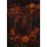 Flemish School, ca. 1800, The apostle Jacobus Maior (?)surrounded by a garland of flowers, oil on co