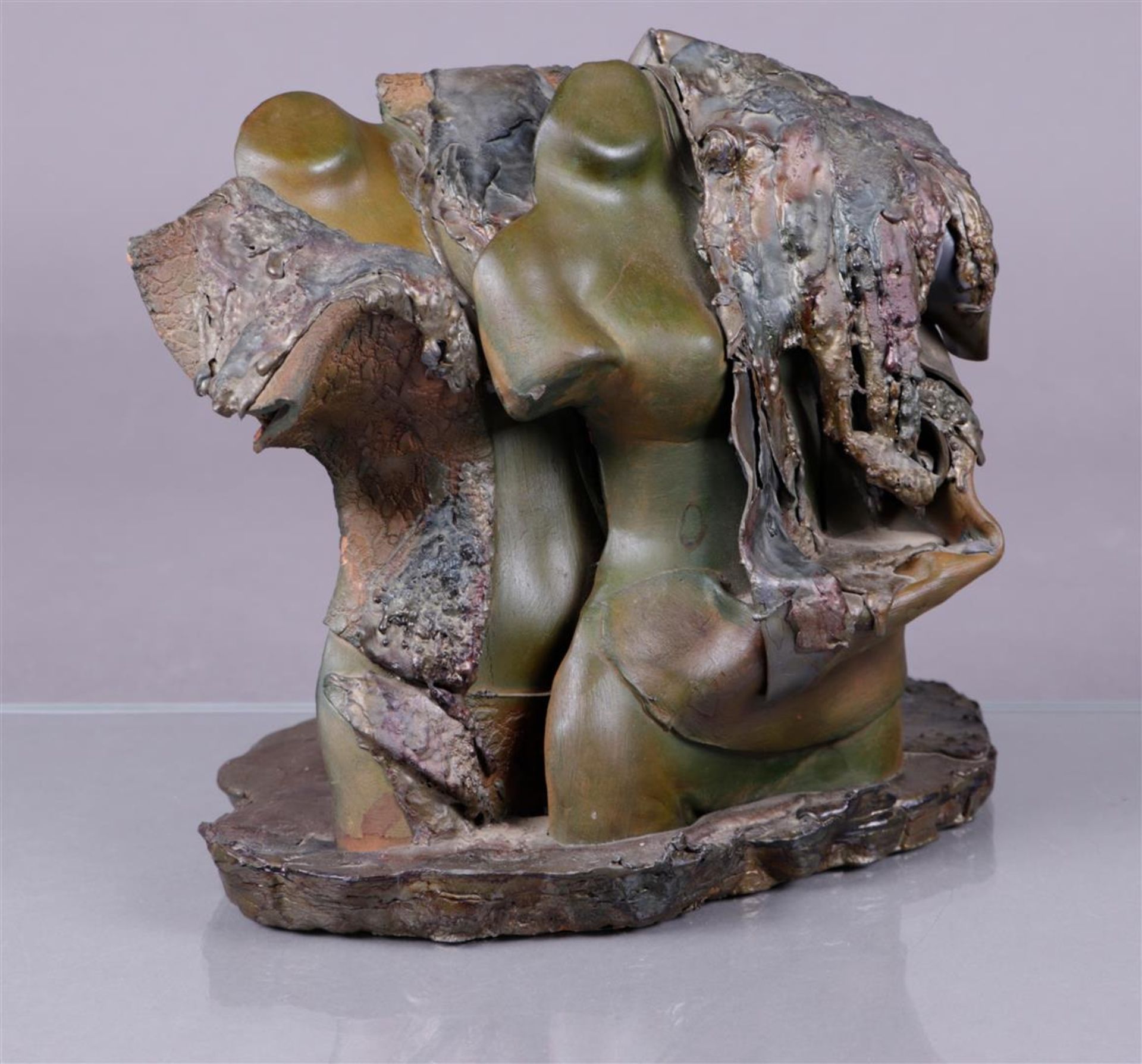 A two-tone patinated bronze depicting a double semi-nude. Annotated 'Mazel' (= Mazel Gallery, Brusse