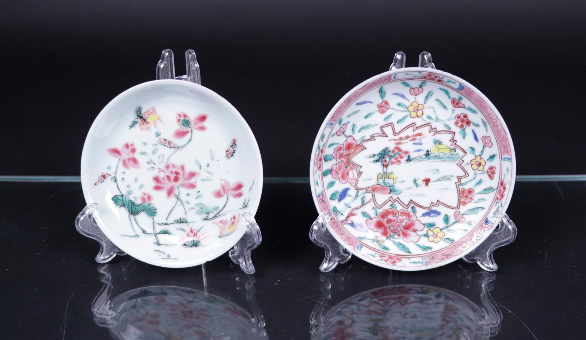 Two porcelain various Famille Rose plates, one with a leaf-shaped bed with a landscape, the other wi