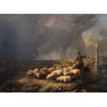Eugne Verboeckhoven (Comines-Warneton 1798 - 1881 Schaerbeek), Flock of sheep with shepherd in an a