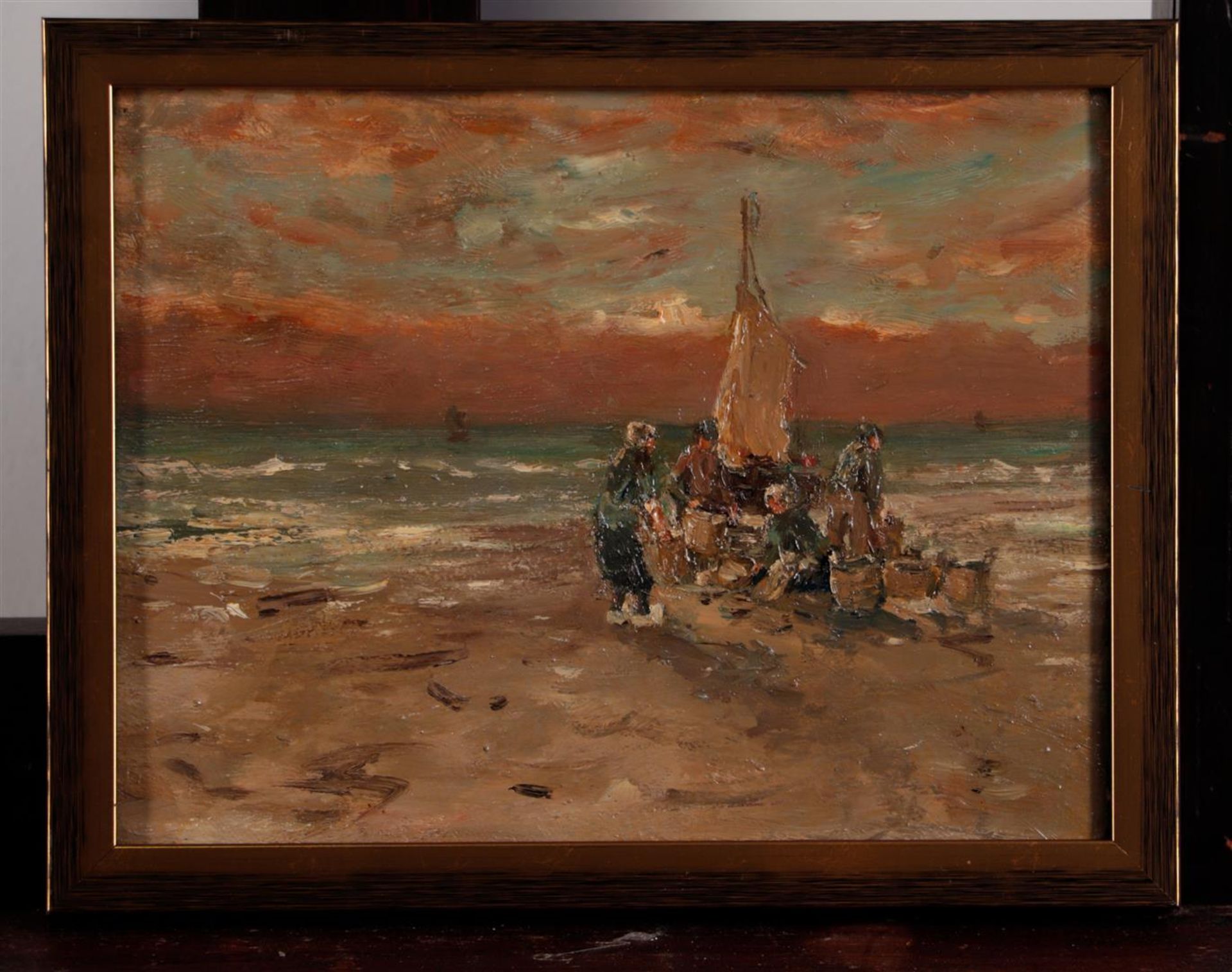 Dutch School, 20th century, Fish auction on the beach, oil on canvas. - Image 2 of 2