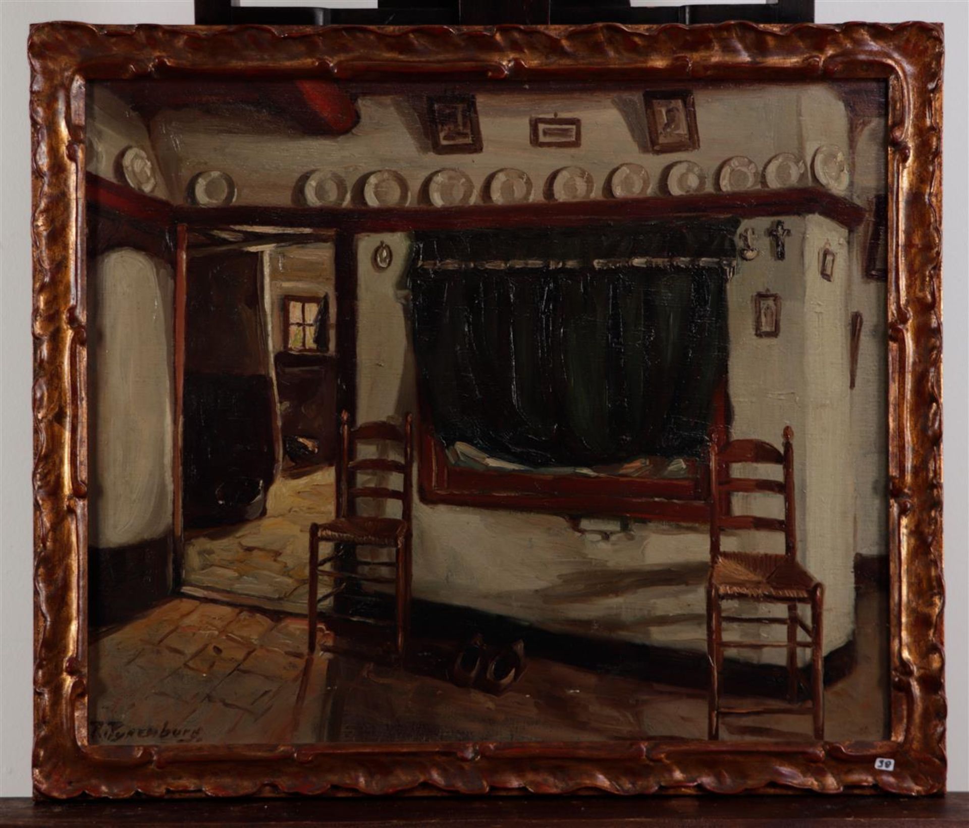 Reinier Peynenburg (1884 - 1968), View into a farmhouse with box bed, signed (bottom left), oil on c - Image 2 of 4