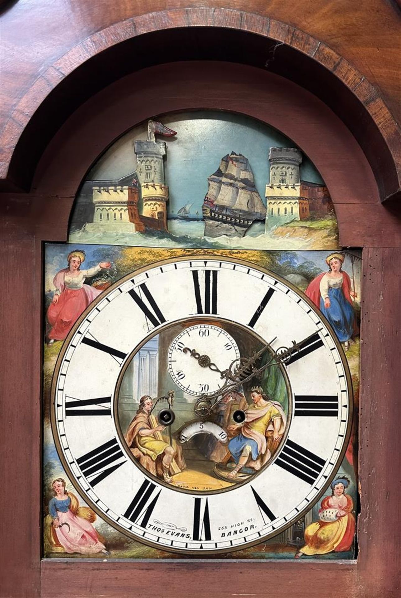 An English so-called grandfather clock with ship mechanism, the dial painted with four seasons and D - Image 2 of 3