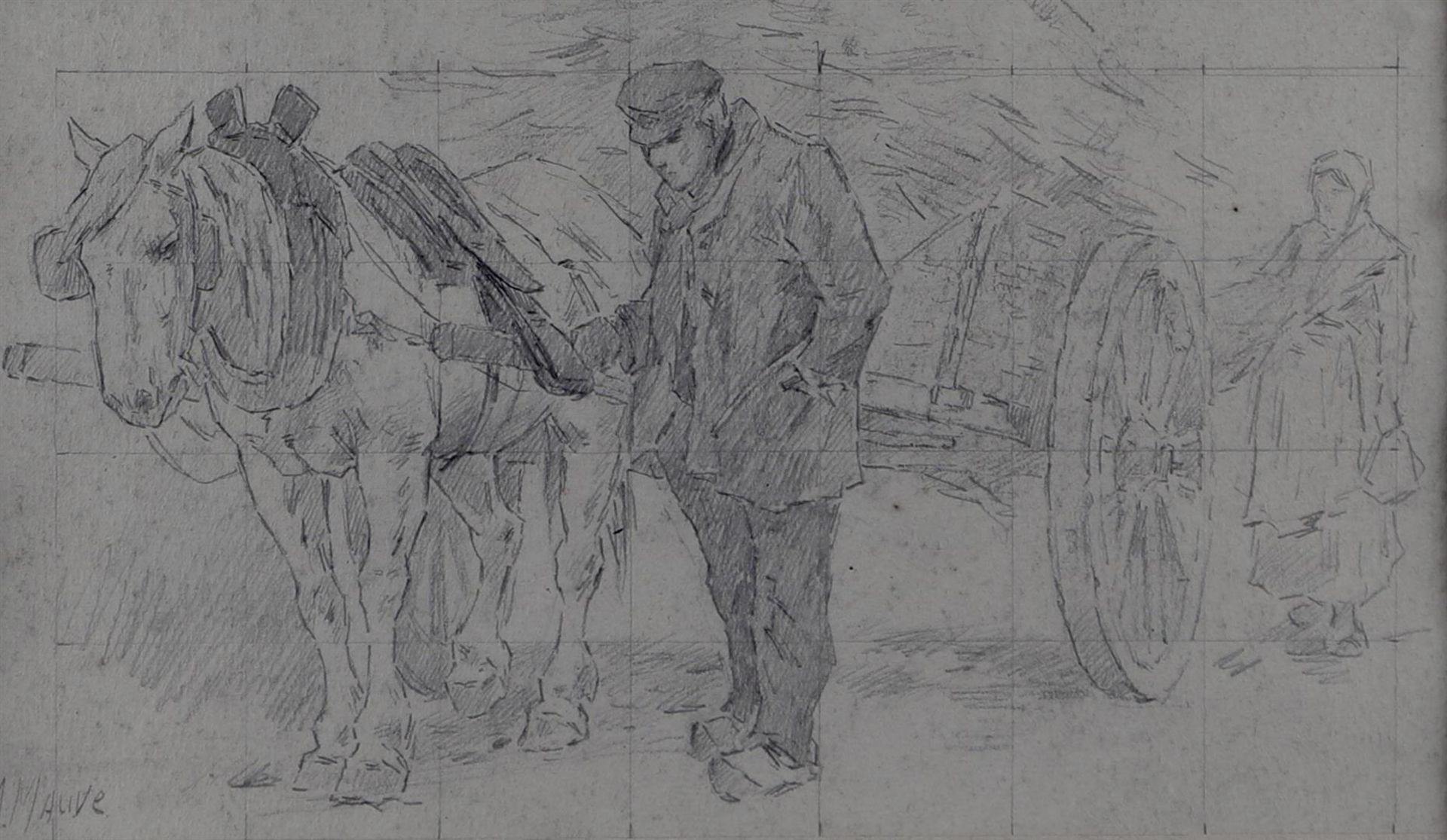 Possibly Anton Mauve (Zaandam 1838 - 1888 Arnhem), Farmer and farmer's wife with horse and cart, bea