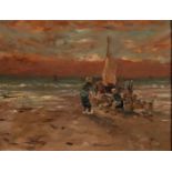 Dutch School, 20th century, Fish auction on the beach, oil on canvas.
