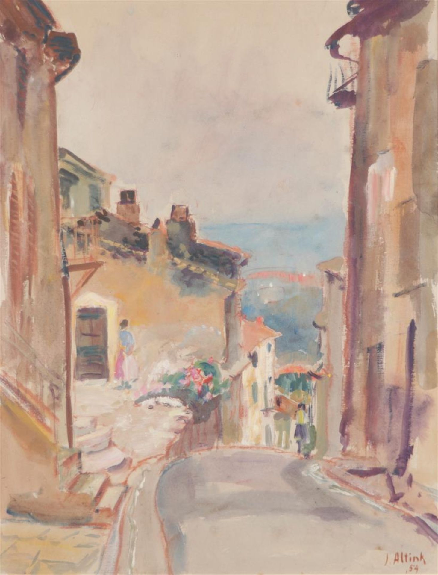 Jan Altink (Groningen 1885 - 1971), Street in Northern Italy (?), gouache and watercolour, signed an