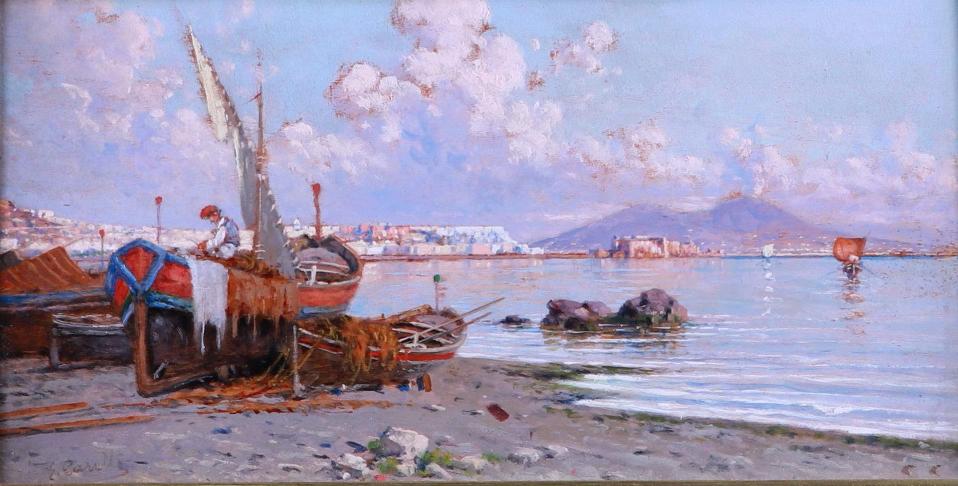 Giuseppe Carelli (Naples 1858 - 1921), A fisherman on his gozzo on the beach of Naples, Mount Vesuvi
