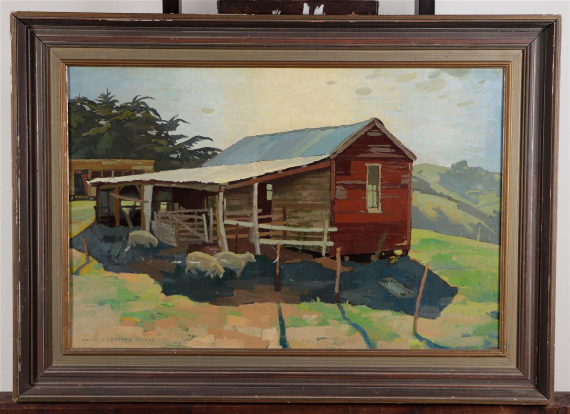 Colin Wheeler (New Zealand 1919 - 2012), Barn in North Ortego NZ, Sheep at a small farm in a landsca - Image 2 of 4