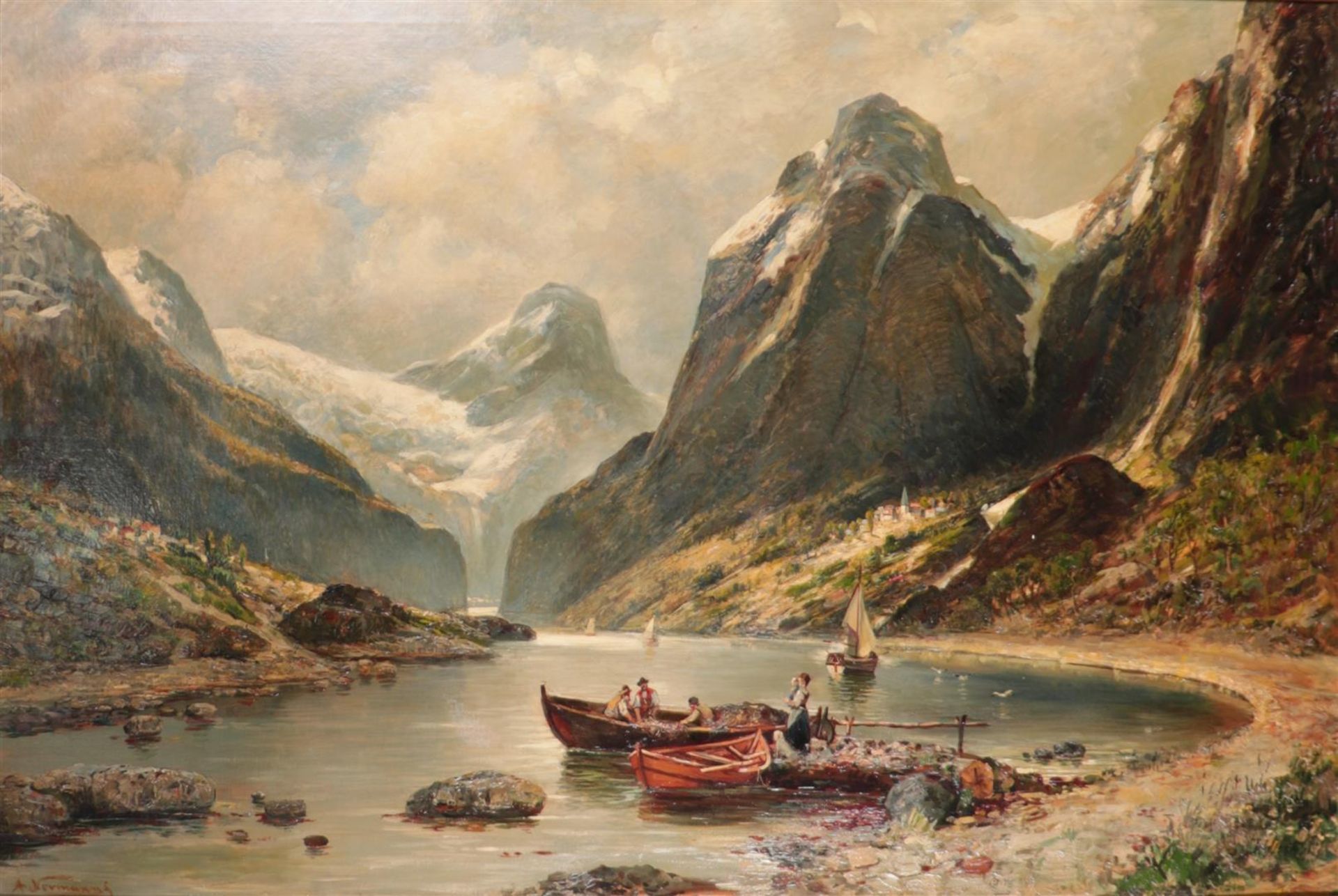 Adelsteen Normann (Bodin 1848 - 1918 Norway), View of a Norwegian fjord with fishermen on the shore,