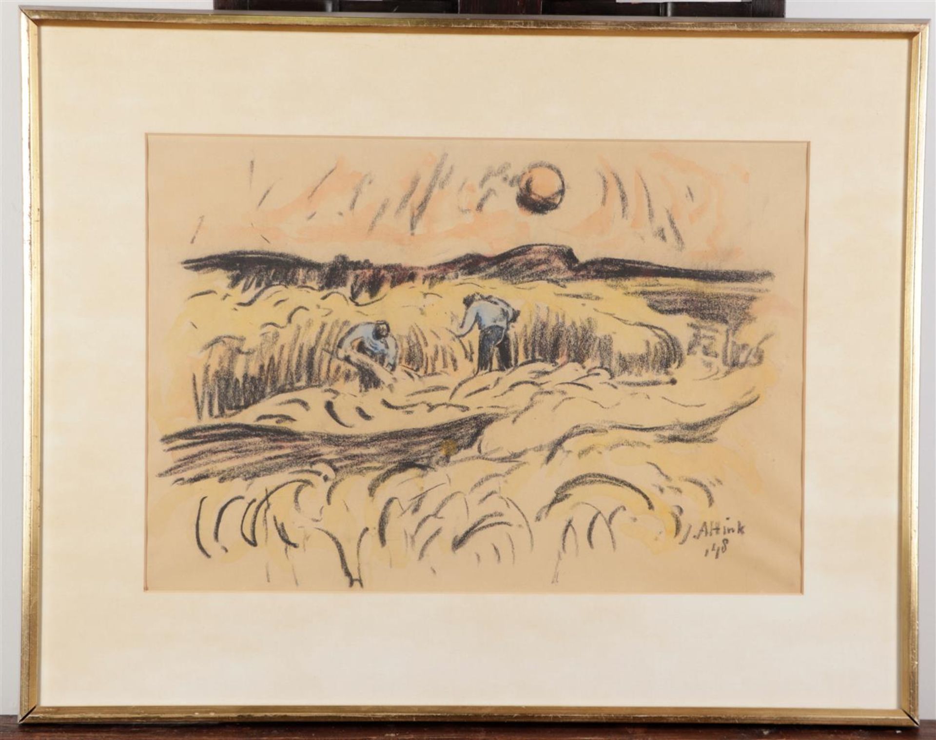Jan Altink (Groningen 1885 - 1971), Harvest on Texel behind the dunes, colored chalk, signed, and da - Image 2 of 5
