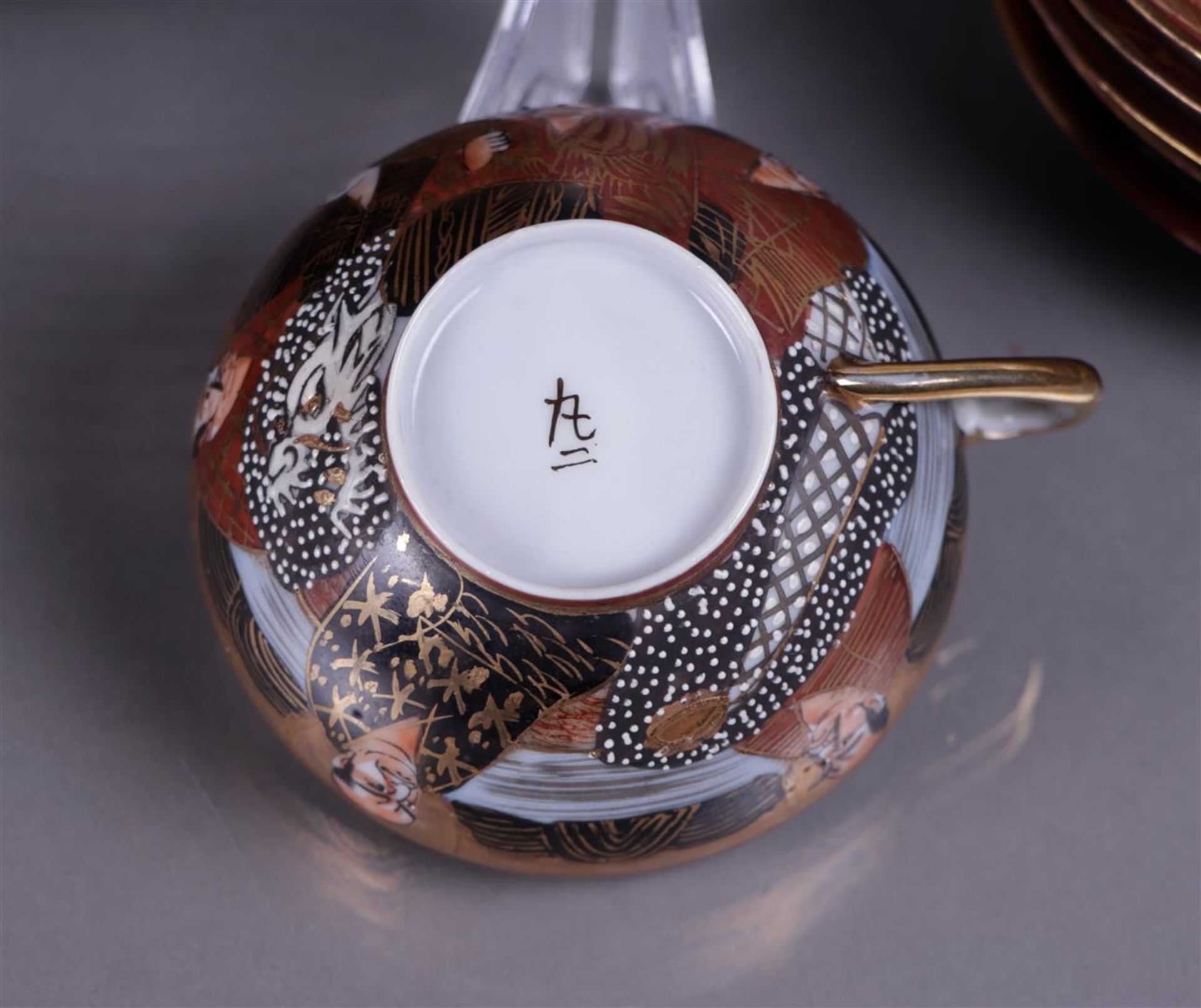 A Satsuma tea set with breakfast plates, plus a tray decorated with various figures. Japan, 19th cen - Image 3 of 5