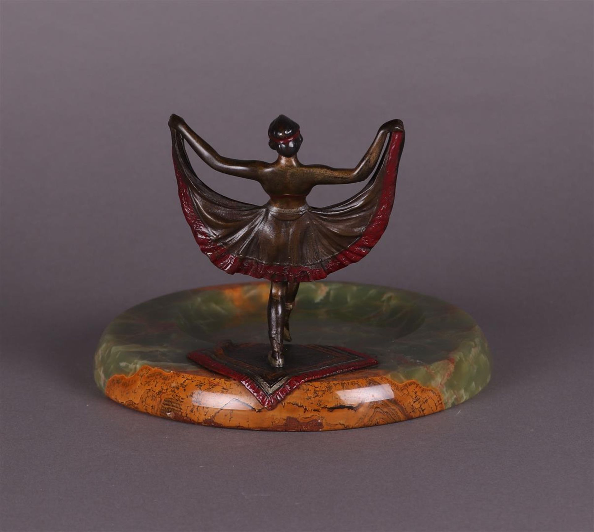 A cold-painted erotic "Viennese" bronze of a belly dancer on a marble dish (vide poche). Marked "Aus - Image 3 of 3