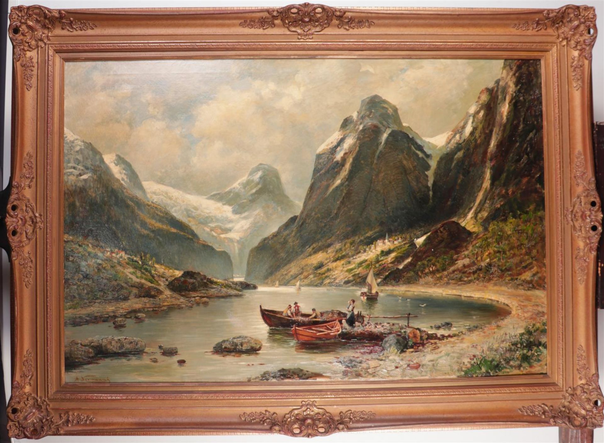 Adelsteen Normann (Bodin 1848 - 1918 Norway), View of a Norwegian fjord with fishermen on the shore, - Image 2 of 5