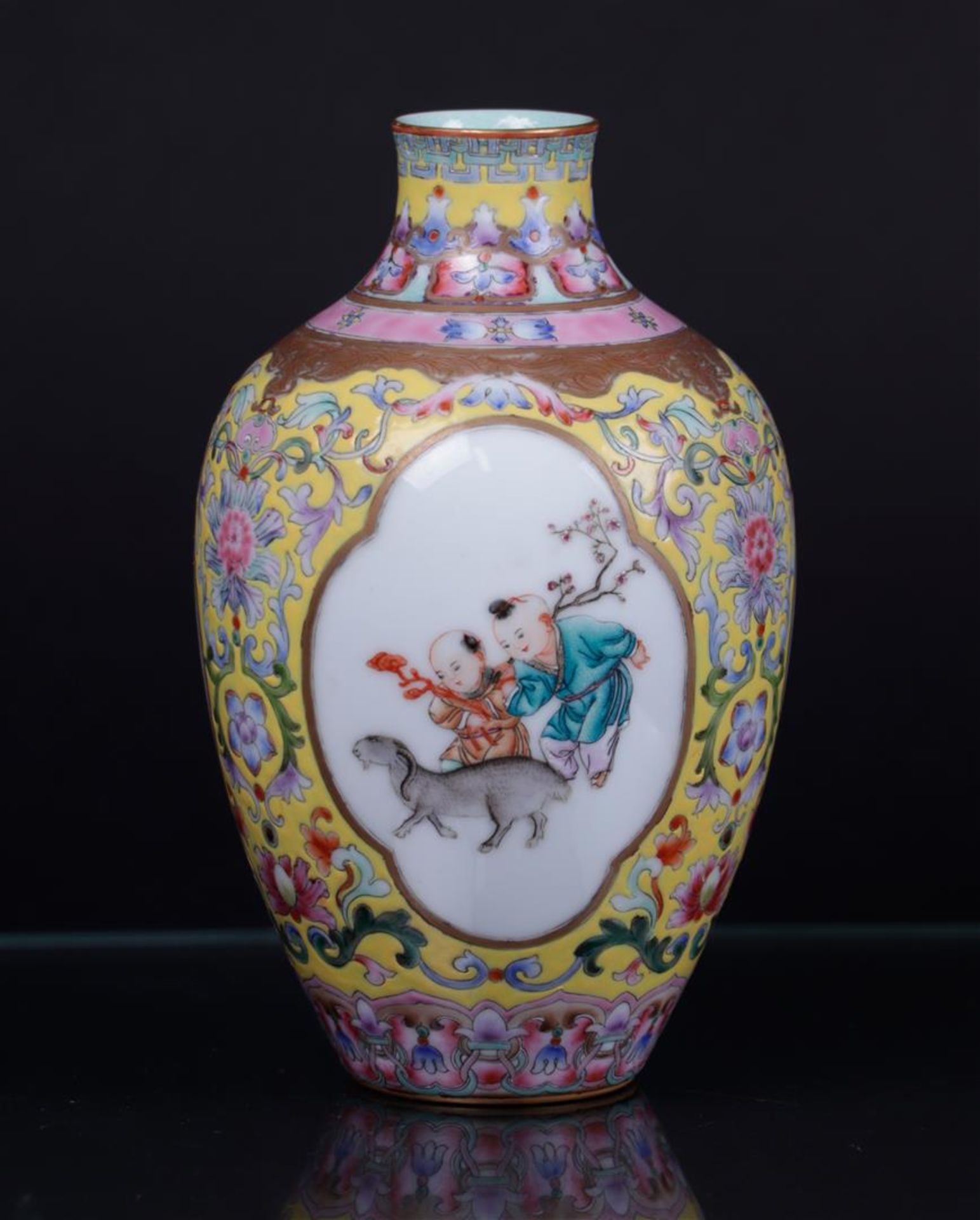 A porcelain famile rose vase decorated with figures in borders, marked Qianglong. China, republic.
H - Image 2 of 4
