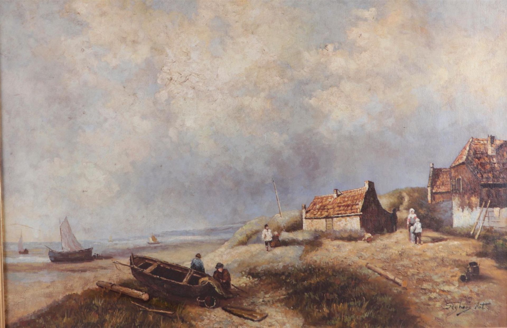 Belgian School, ca. 1900, Coastal view with houses in the dunes, signed 'Seghers, Antw(erpen)' (bott