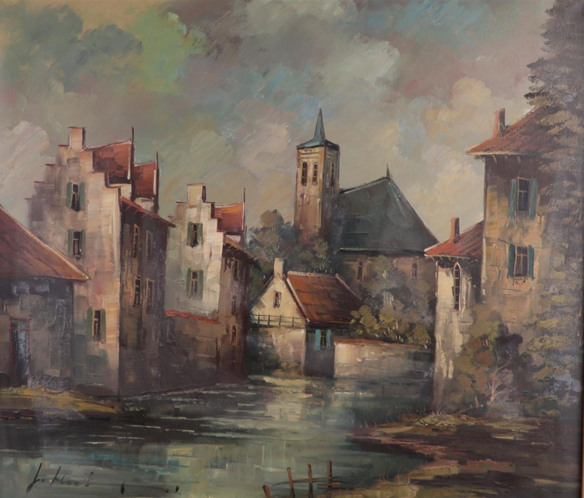 Belgian School, 20th century, City on the water, unclearly signed (bottom left), oil on canvas,
70 x