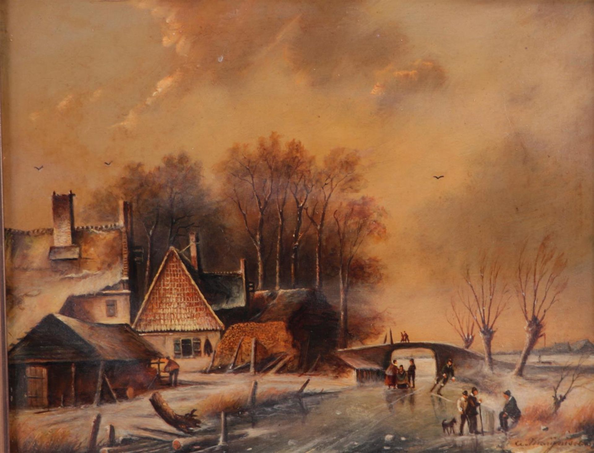 Dutch School, 20th century, Winter landscape with skaters on the ice, signed 'Marijnissen' (bottom r
