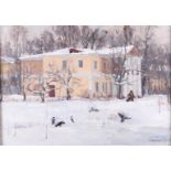 East European School, 20th century, A winter landscape with country house and ravens, indistinctly s