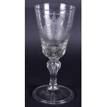 An etched wine glass with the English Royal coat of arms, above which the text "VIVAT DE PRINCES".
H