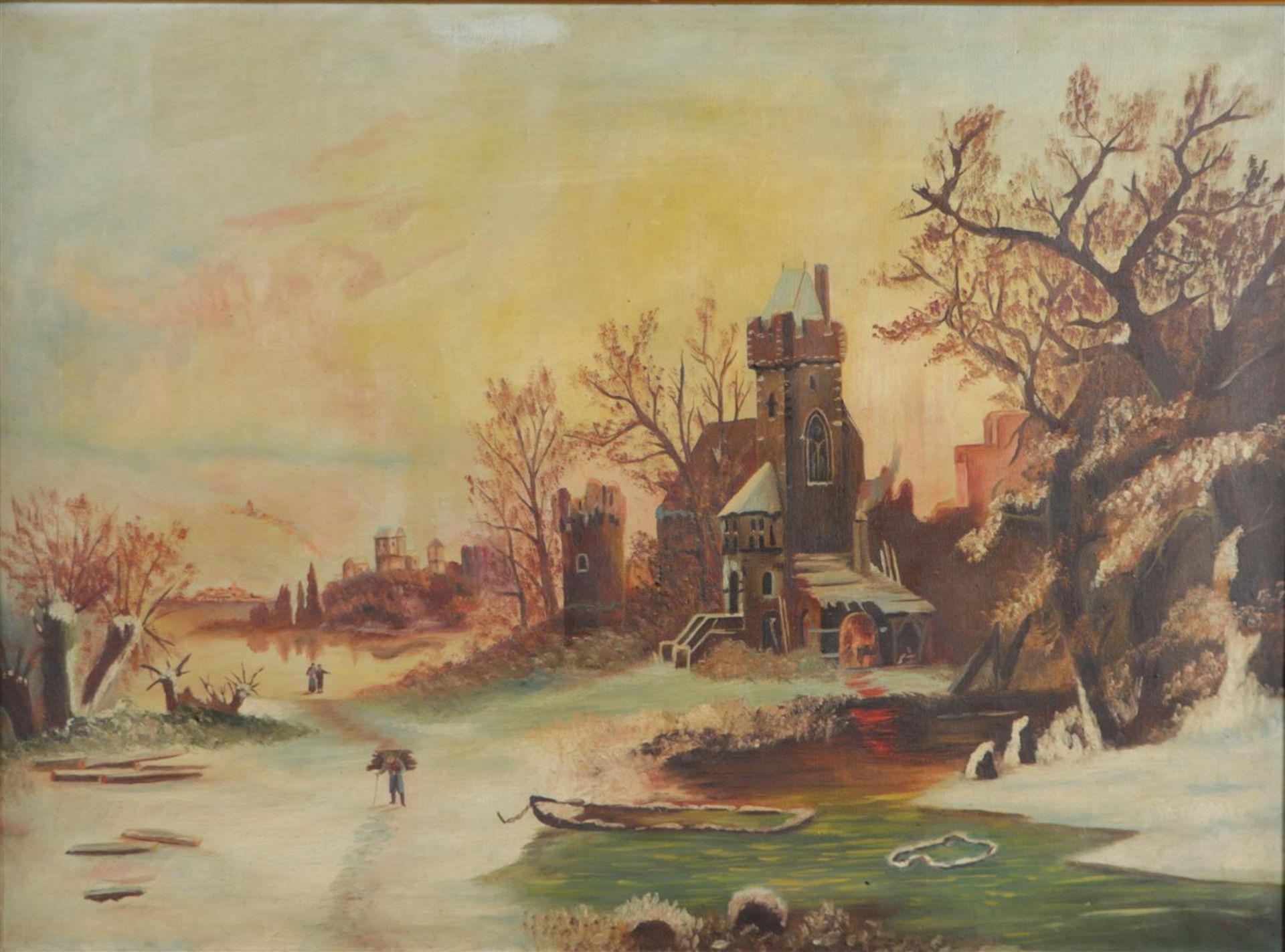 Dutch School, 20th century, in the style of F.M. Kruseman, Winter landscape with toll house on a riv