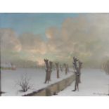 Belgian School, 20th century, Winter landscape with pollard willows along a farm ditch, unclearly si